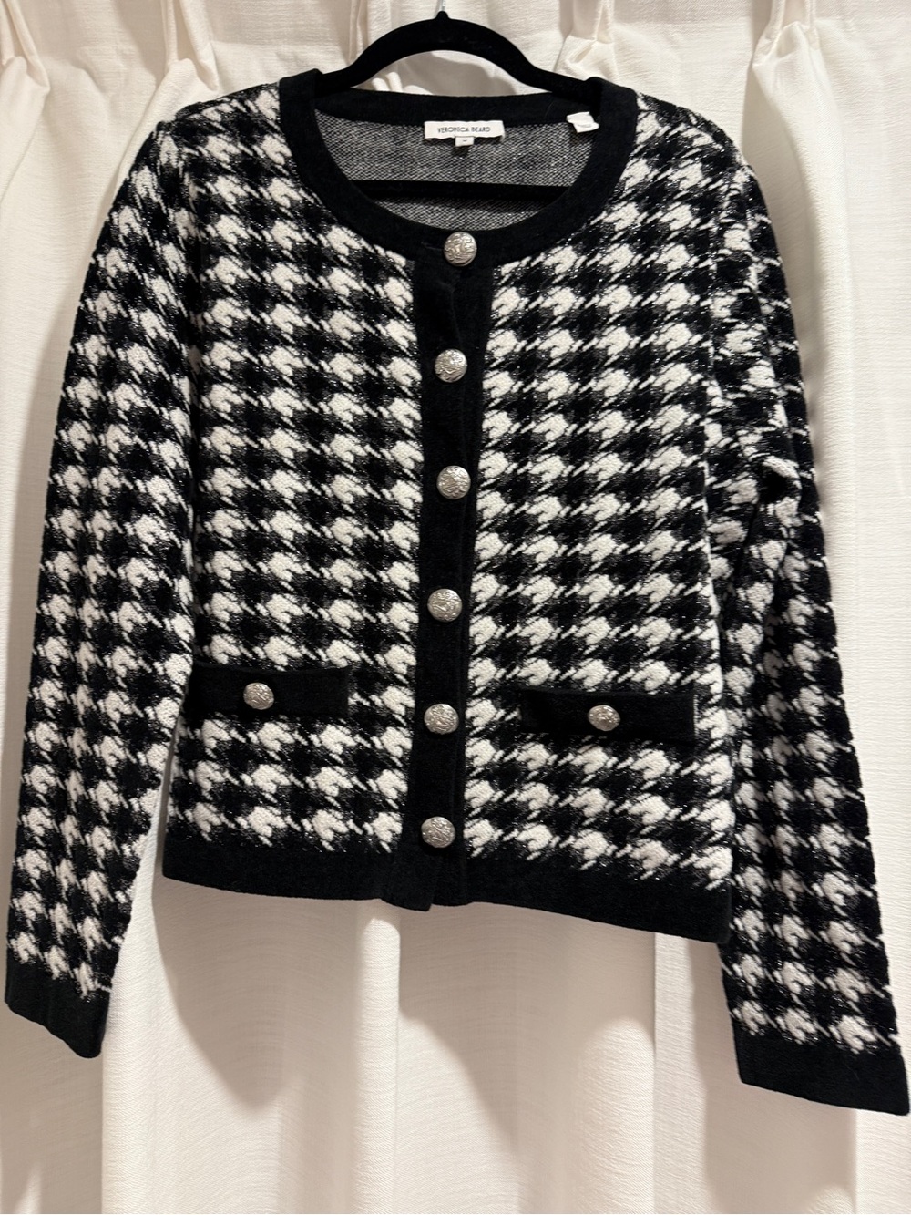 Veronica Beard Black & White Houndstooth Button-Front Cardigan